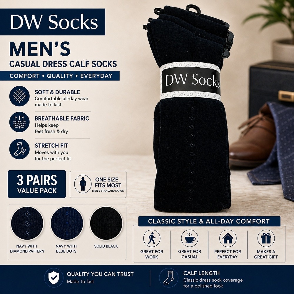 DW Socks Mens Casual Dress Socks 3 Pair Pack Black Navy One Size Fits Most New